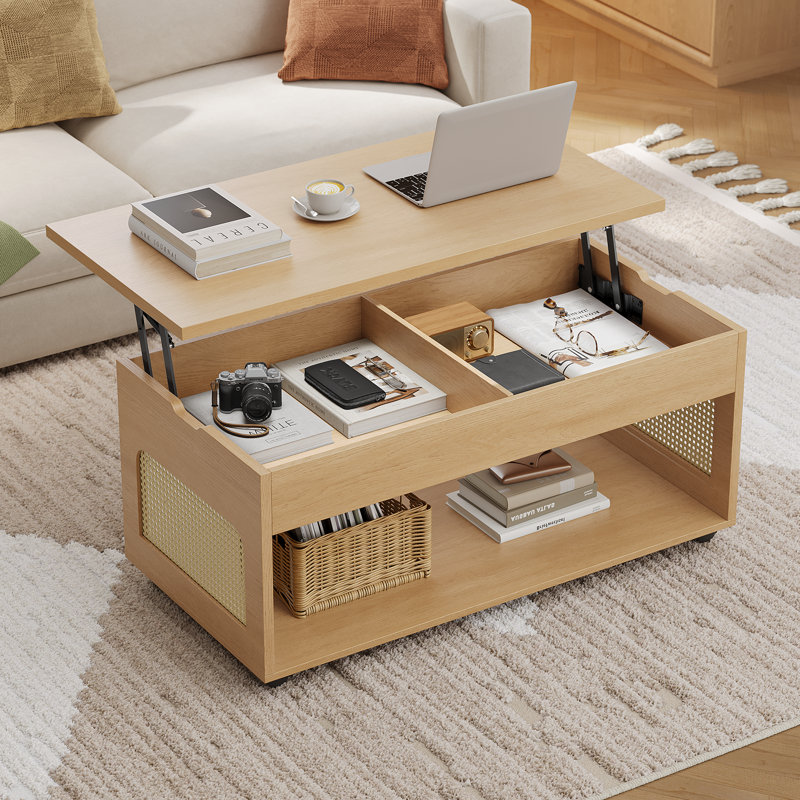 2-in-1 Lift-top Rattan Coffee Table With Wheels, Hidden Compartment And Large Storage Shelf