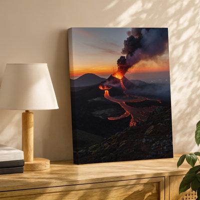 Canvas A Majestic Volcano Erupts Dramatically Against A Twilight Sky Casting Wall Art A Fiery Glow That Illuminates The Surrounding Canvas Wall Art