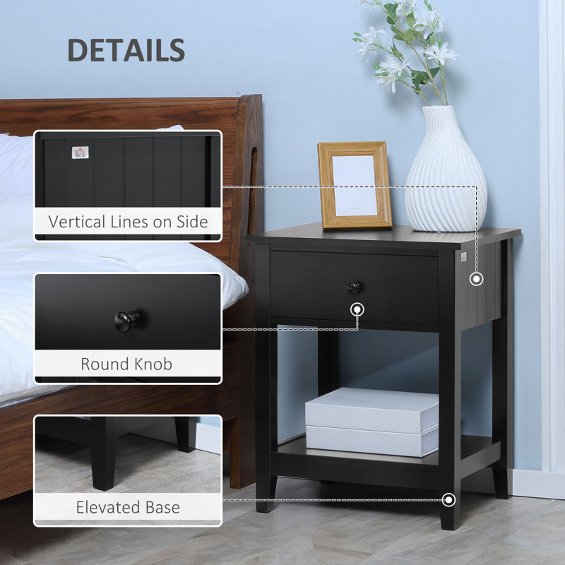 2-tier Side Table with Drawer and Storage Shelf, Modern Beside Table, Black, 23.5" H x 19.75" W x 13.75" D, 1