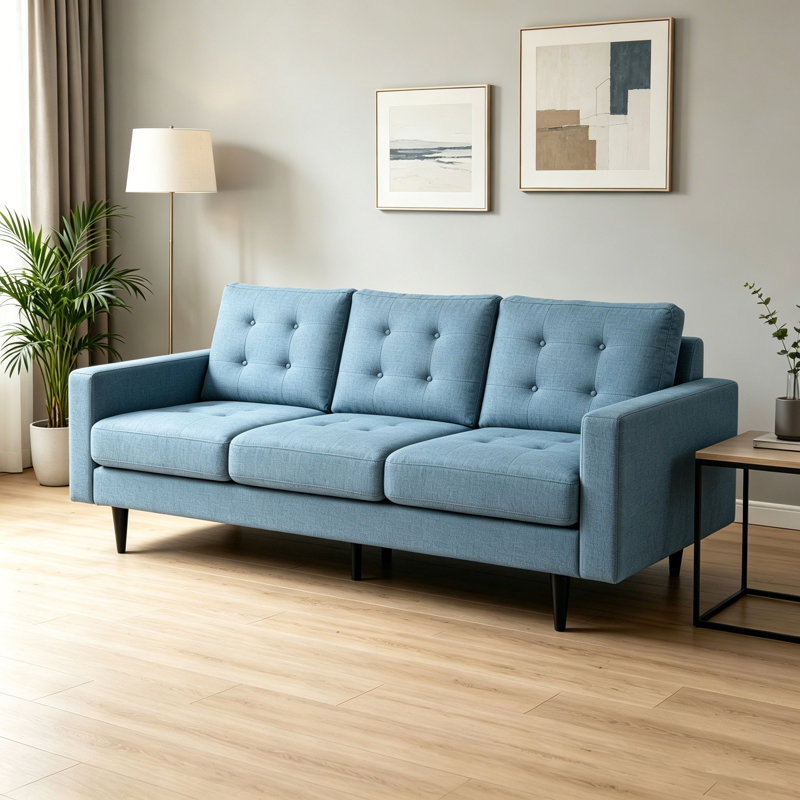 Cudahy 82.7" Tufted Sofa, Upholstered 3-Seater Sofa, Blue 100% Polyester