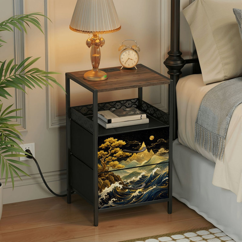 Table de chevet 2 tiroirs avec station de charge, table de chevet avec ports USB et amp; Table de chevet noire Outlets Outlet