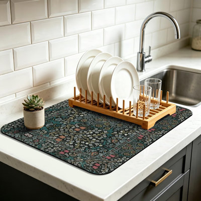 Vintage Floral Dish Drying Mat 16x24 Inch, Dish Mat Drying Kitchen Mats for Extra Large Absorbent Countertop, Aesthetic Boho Drying Matt Kitchen Counter Washable Heat Resistant Dish Drainer Rack Mat