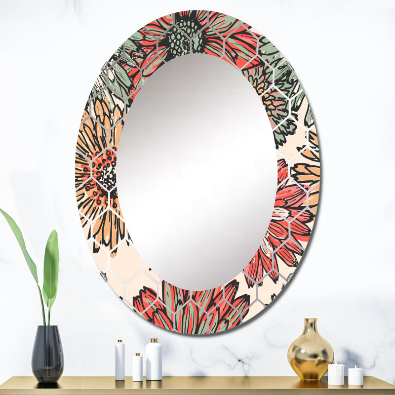 Fleurs rouges rétro - miroir mural traditionnel, 36 po x 24 po