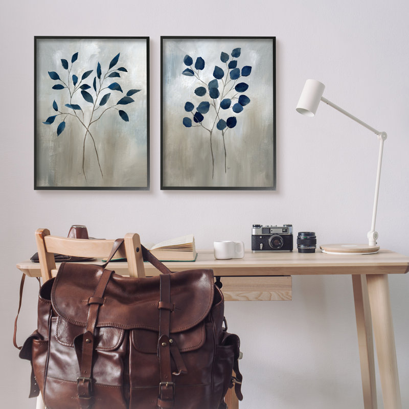 Branches botaniques grises 2 pièces par Nan, H 30 po x l 24 po x P 1,5 po, Giclée encadrée noir minuit