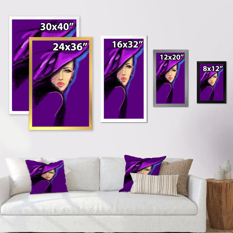 Portrait mauve d'un mannequin élégant, Impression noire sur toile encadrée, H 20 po x l 12 po