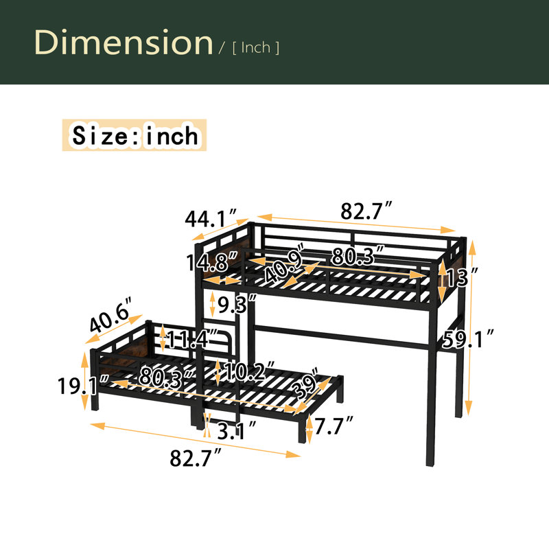 Twin XL Over Twin XL Metal Bunk Bed/Metal Loft Bed And Metal Platform Beds,With Raised Security Fence, Twin XL Over Twin XL