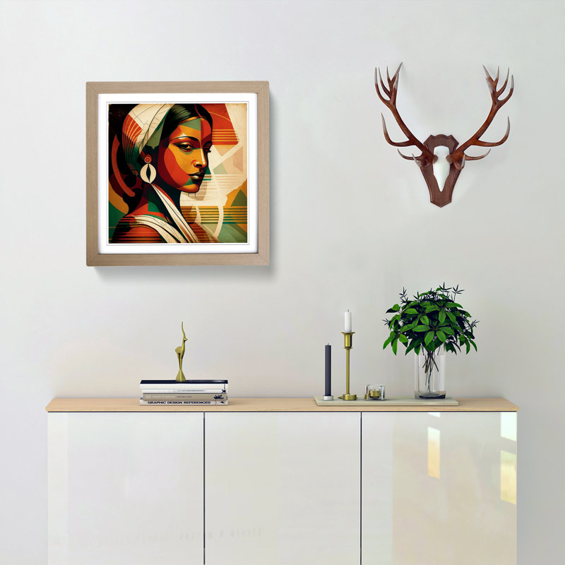 Indian Woman Constructivism - Single Picture Frame Print on Wood, Oak