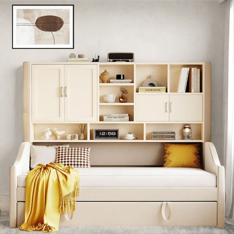 Upholstered Daybed With Led Armrest Lights, Storage Shelves And Cabinets, Beige