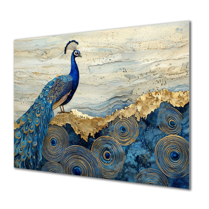 «Golden Aqua and Agate Peacock Landscape II», reproduction d'art en métal moderne, art mural en métal paon, H 24 po x l 32 po