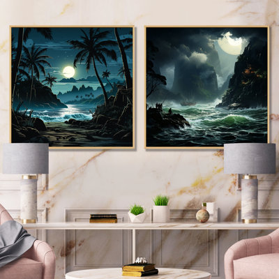 Tempête tropicale au clair de lune I - ensemble de 2 décorations murales tropicales côtières