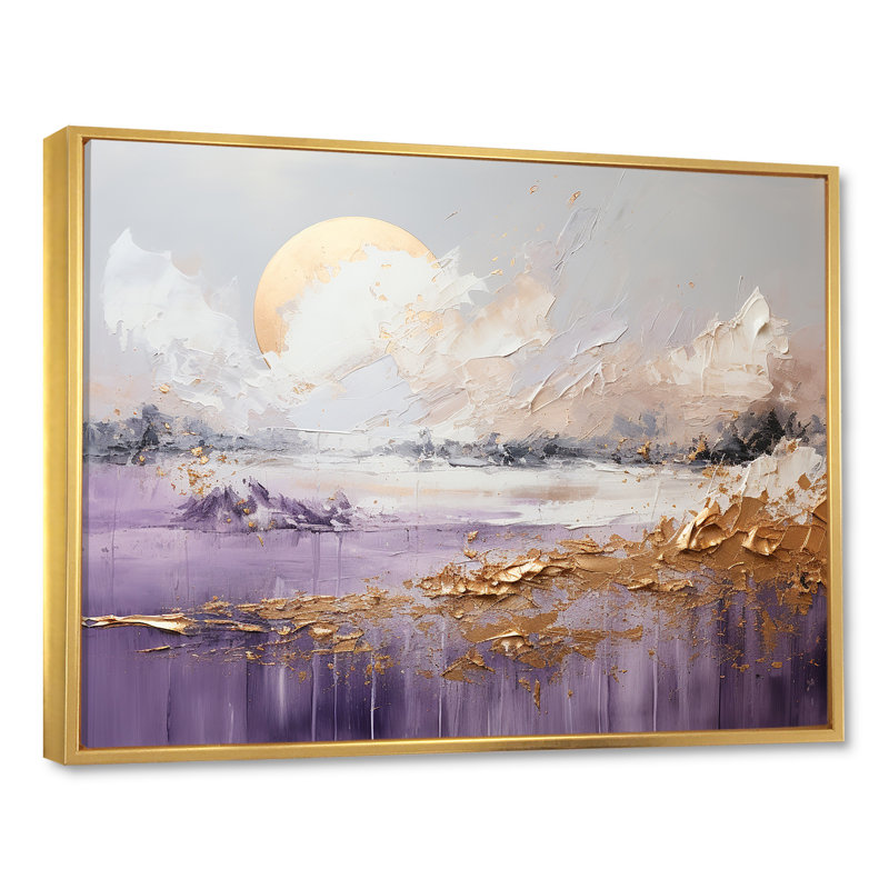 «Mauve et or», lac et montagne IV, impression sur toile encadrée, H 34 po x l 44 po x P 1,5 po, Cadre flottant doré