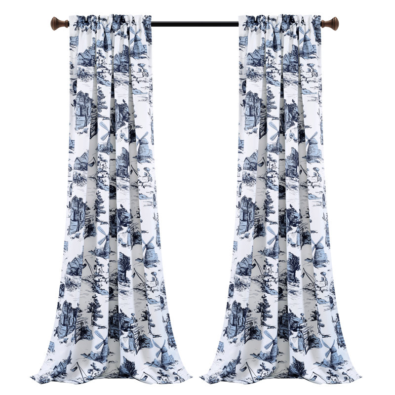 French Country Toile Room Darkening Curtain Pair, 52" W x 95" L, White/Blue