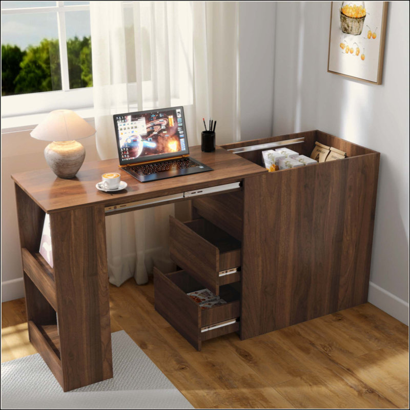 Bureau d'ordinateur avec tiroirs, rangement de coin de bureau moderne avec table extensible, bureau d'écriture bureau pour la maison, bureau