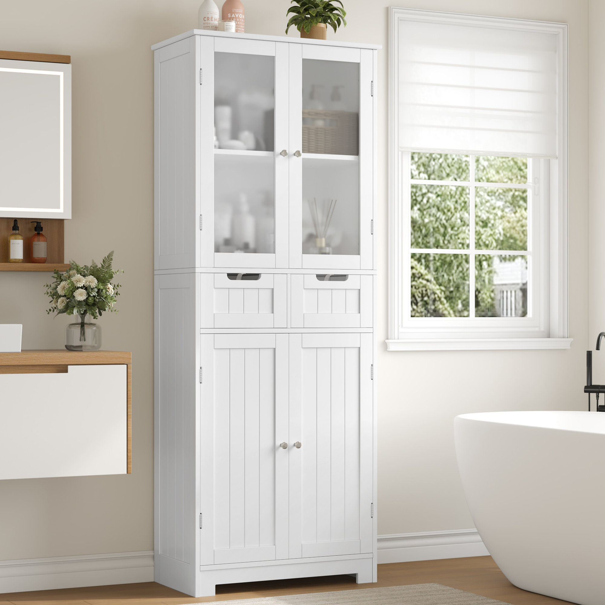 linen storage dresser 37.80 in. W x 17.72 in. D x 42.56 in. H White Wood Linen Cabinet Spray-Painted Drawer Dresser Lockers Retro Round Handle wq-991