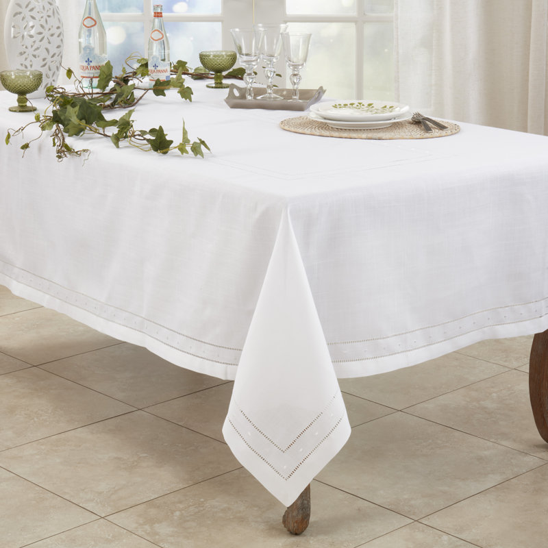 White Rectangular Hemstitch Embroidered Fabric Tablecloth