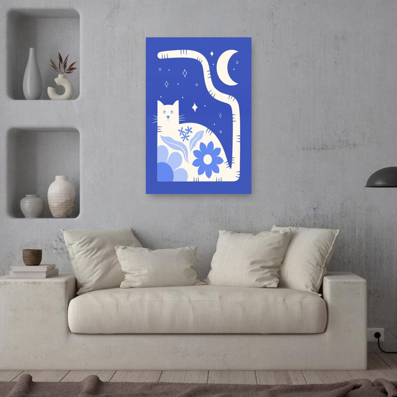 Whimsical Moon Cat Abstract Dreamy Modern Cat Flower Landscape Wall Art Print 1 Piece Wrapped Canvas Wall Art