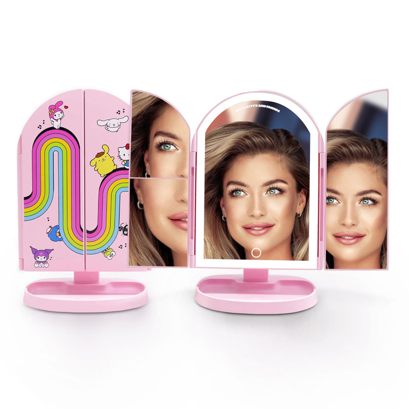Impressions Vanity Hello Kitty And Friends Core Arch Trifold LED Makeup Mirror For Desk, 3 Way View Foldable Vanity Mirror With Lights, 2X And 3X Magnification, Adjustable Tilt And Soft Touch Control