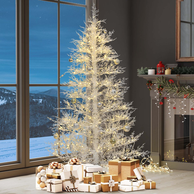 Arbre de Noël bouleau artificiel blanc 7,5 pi pré-éclairé, H 7,5 pi