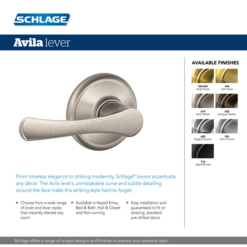 Avila Lever Hall and Closet Lock, Satin Nickel