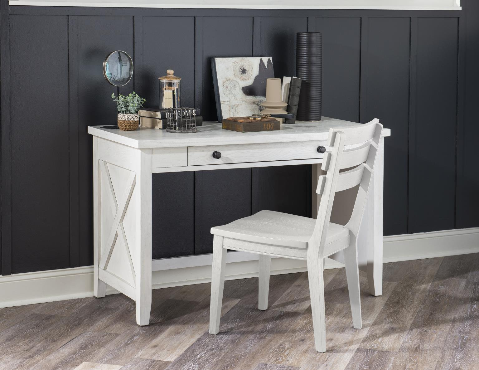 Harriett Flat Iron Desk with USB Ports, White