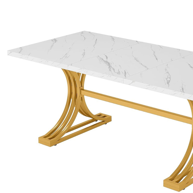 Table de salle à manger, rectangulaire, base en métal, 63 pouces, Marbre blanc, Doré