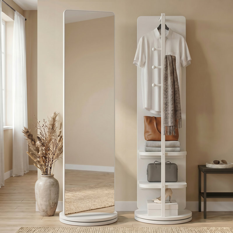 Miroir pleine grandeur pivotant à 360 ° en bois massif avec portemanteau et tablettes de rangement, miroir de plancher autoportant 66 po avec crochets pour chambre à coucher, salon, vestiaire