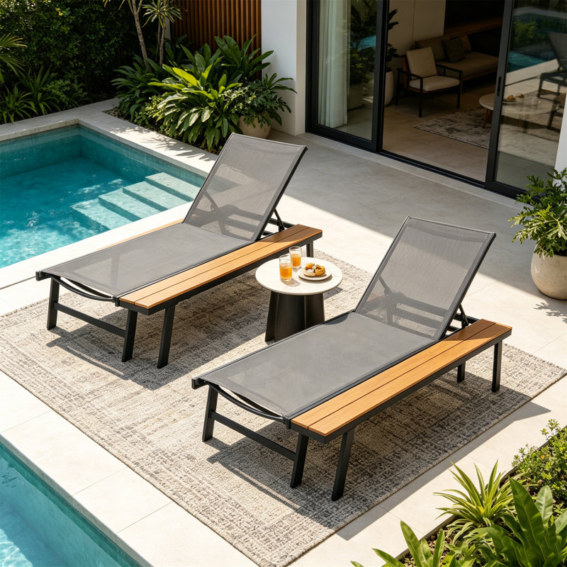 WATERLOO CHAISE LOUNGE WITH ATTACHED WOOD SIDE TABLE, SET OF 2