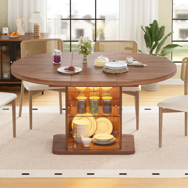 Table de salle à manger extensible ronde / ovale pour 4 à 8 personnes, table de cuisine avec lumière DEL et feuilles amovibles, armoire de rangement avec tablette en verre pour la salle à manger ou la cuisine
