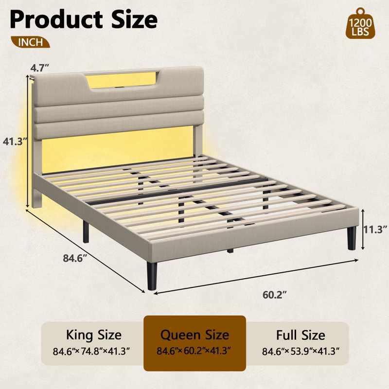 Upholstered Bed Frame with 2 Storage Drawers, Modern Queen Platform Bed with Charging Station & LED Light, No Spring Box Needed