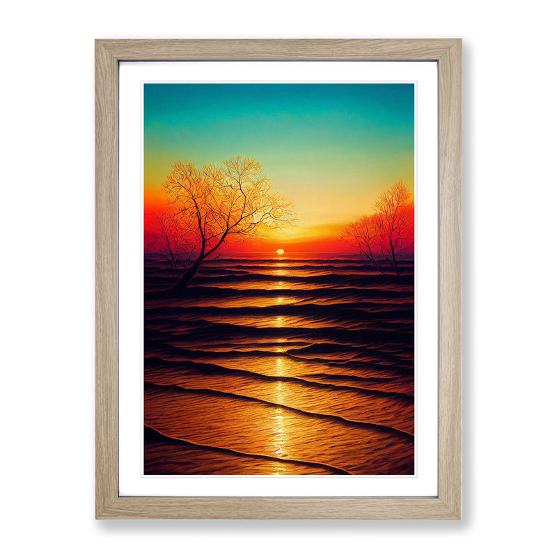 Bright Sunset - Single Picture Frame Print, 34cm H x 25cm W x 2cm D, Oak