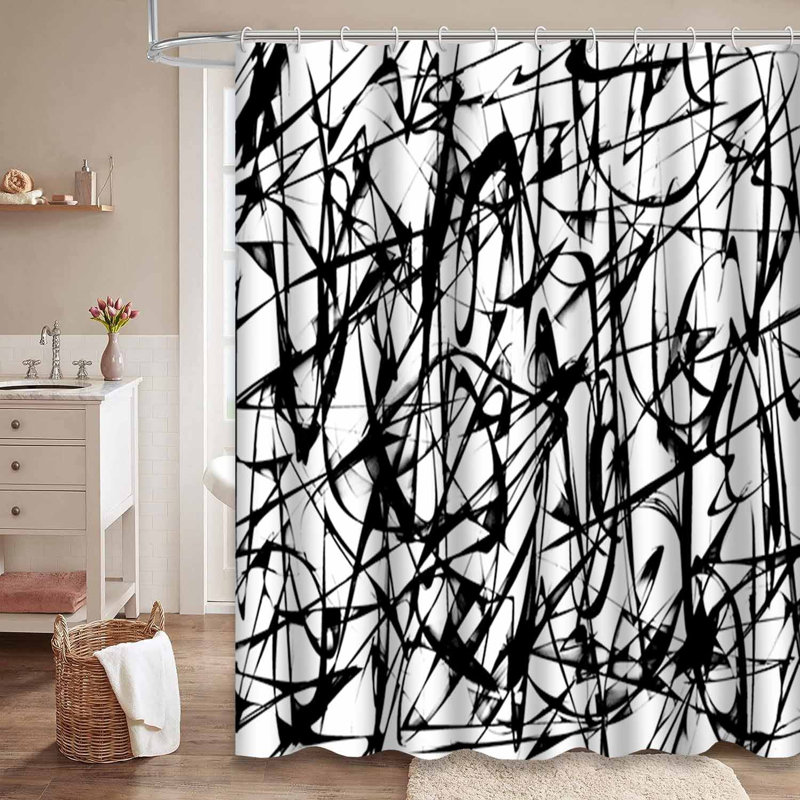 Rideau de douche abstrait à motif abstrait noir et blanc avec 12 crochets, L 72 po x l 84 po