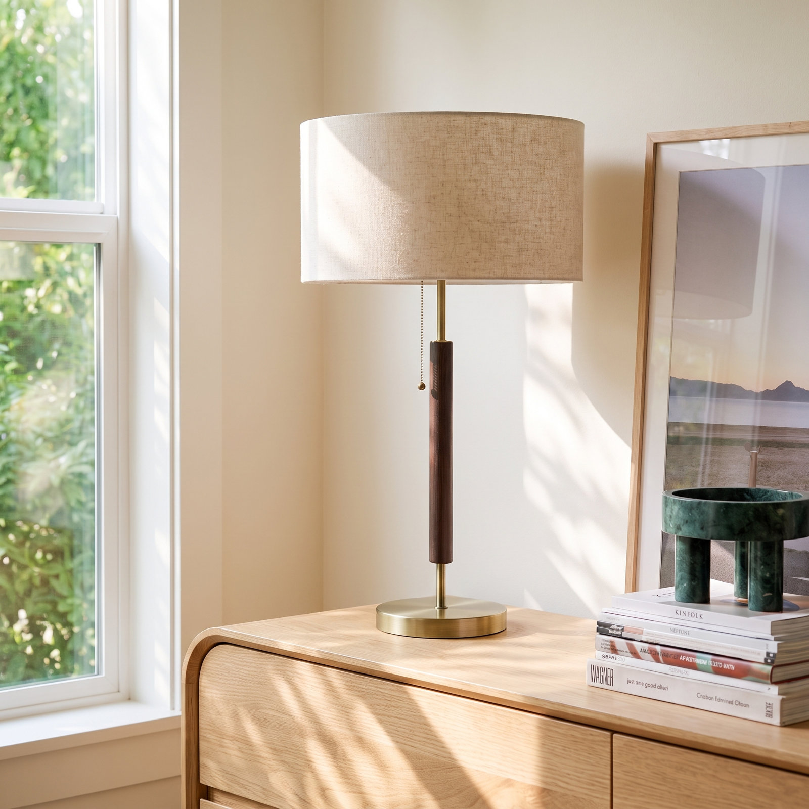 Fernando Table Lamp, Walnut Eucalyptus/Antique Brass, Gray