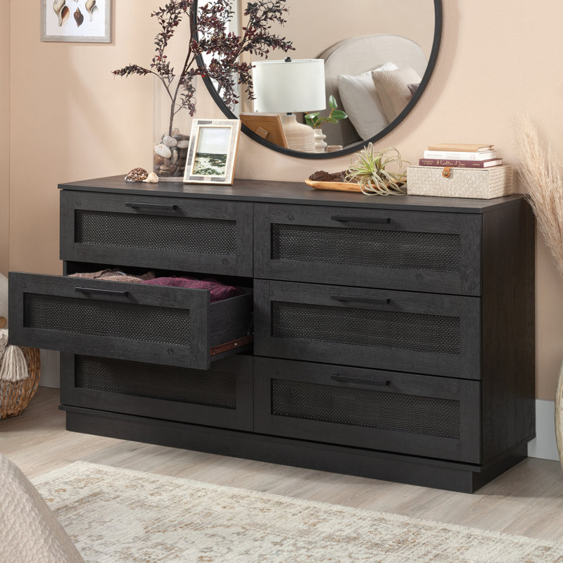 Raven Oak Coastal Double Dresser with Rattan Inserts