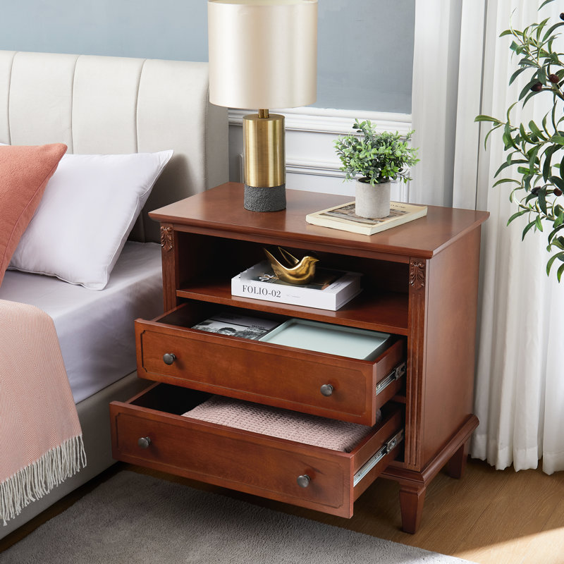 Table d'appoint de style Mid-Century moderne avec fonction de charge, 2 tiroirs, table de chevet à pieds en bois massif