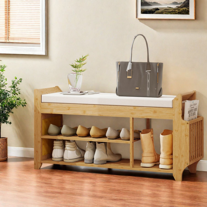 Banc de rangement à chaussures peu encombrant, support en bambou naturel à 2 niveaux avec assise rembourrée