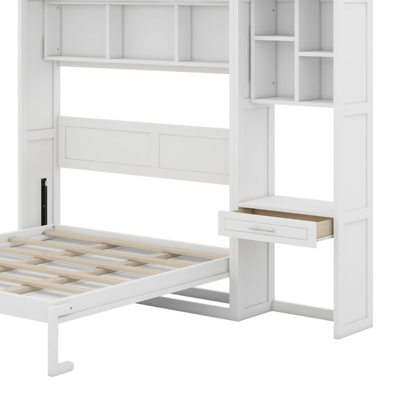 Lit escamotable mural avec bureau, armoire supérieure et tablettes de rangement, Blanc, Grand lit