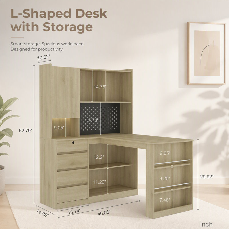 Bureau en L avec chargeur, lumière DEL et rangement, bureau à domicile moderne et solution de coin de jeu, Bois