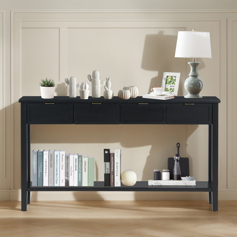 Console d'entrée avec 4 tiroirs spacieux et tablette inférieure, Noir, noir, noir, noir