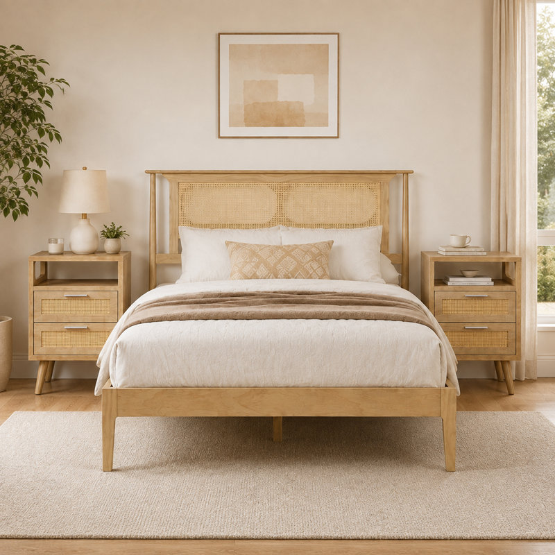 3-Piece Bedroom Set, Rattan Headboard Solid Wooden Bed with 2 Rattan Nightstands, Drawers & Open Shelf, Queen size