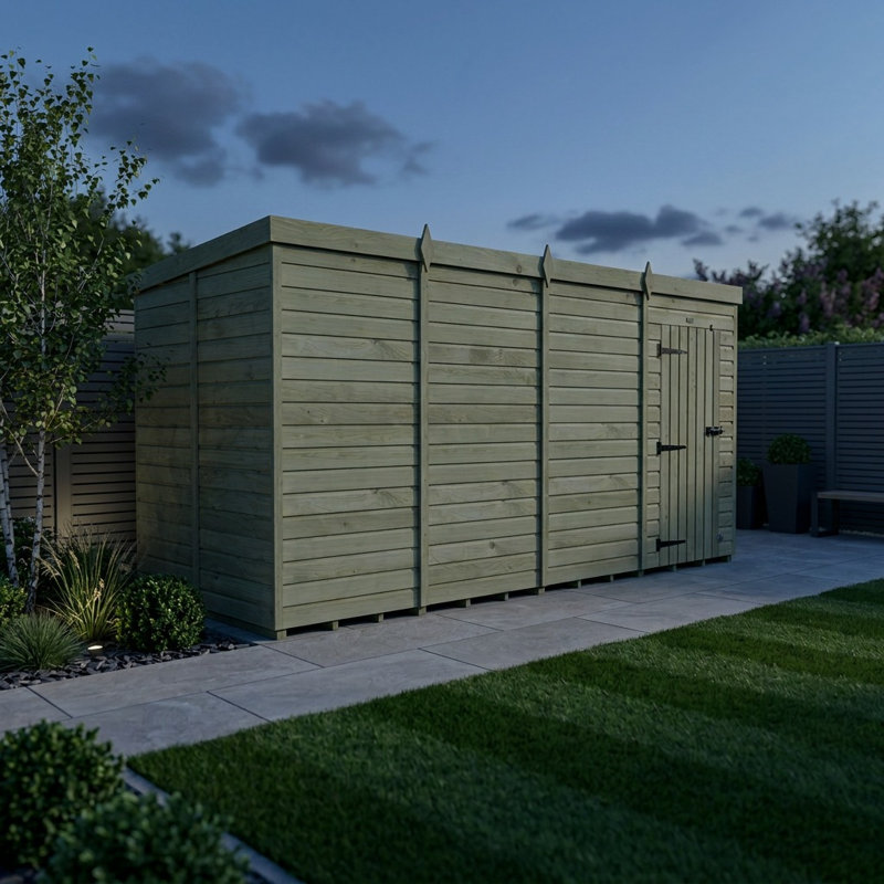 Total Sheds 16ft x 7ft Pent Garden Shed - Single Door - No Windows - Pressure Treated Timber - UK Manufactured