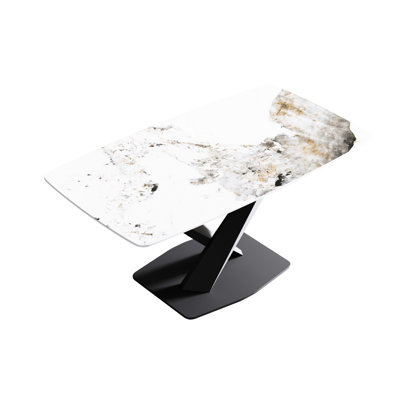 Table de salle à manger 63 po avec plateau en pierre frittée - blanc, 6 pieds, structure en métal noir, 6 sièges blanc moderne, design
