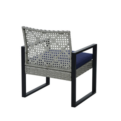 4 Gray Patio Furniture With Blue Cushions And Wood Table For Outdoor Balcony Porch Garden Backyard Lawn, American Design, Weather Frame, Water Cushions, Seats 4 - Piece Table, Lawn