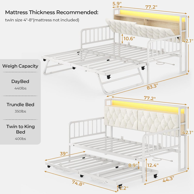Upholstered Sofa Bed Frame, Twin Day Bed With Charging Station & Led Lights, Metal Trundle Bed Twin With Hidden Storage Headboard