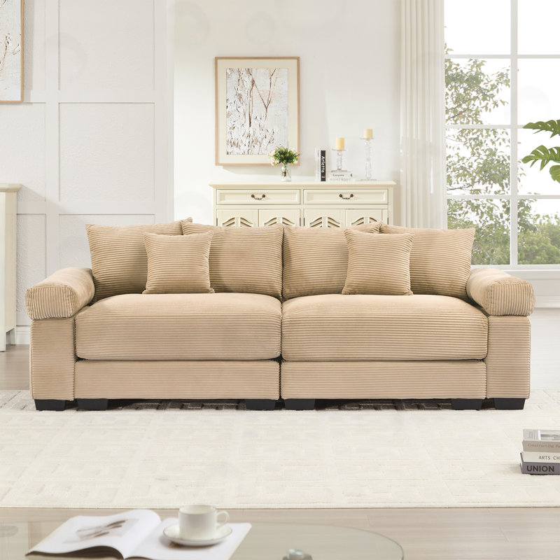 Canapé en velours côtelé avec coussins décoratifs, 92" W, Camel Corduroy