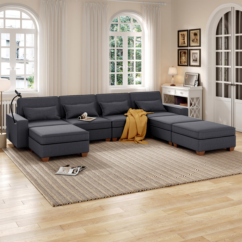 Canapé modulaire en forme de U de 131 po avec 7 sièges et siège de rangement et support pour téléphone, Tissu gris foncé