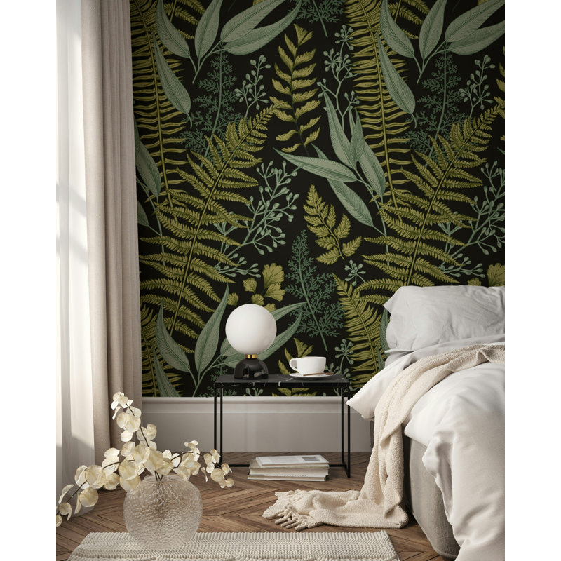 Papier peint fougère botanique foncé, L 106 po x l 187 po