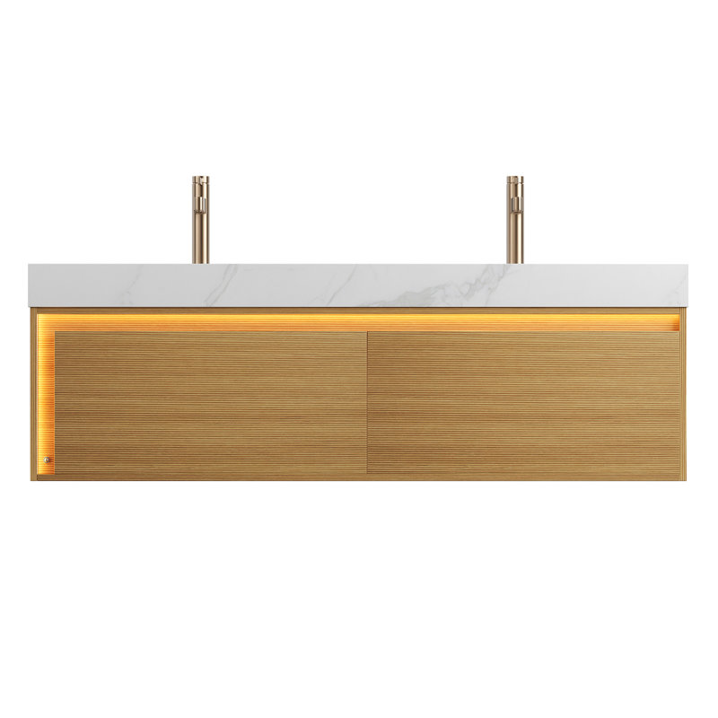 Meuble-lavabo de 60 po et lavabo, armoire de rangement flottante ultra-mince en contreplaqué, tiroirs et capteur de lumière, plateau en pierre frittée blanc de Carrare et 2 lavabos encastrés en céramique, pré-assemblé