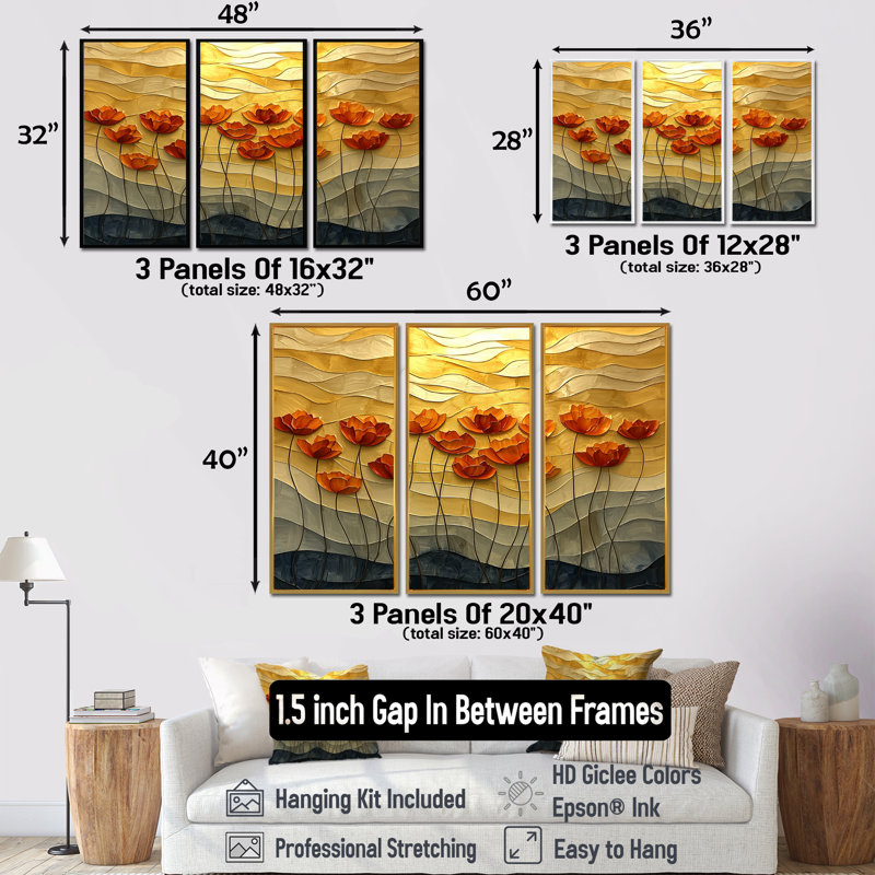 Coucher de soleil sur les vagues de coquelicots I - art mural coquelicots - ensemble de 3, H 32 po x l 48 po, Argent argent