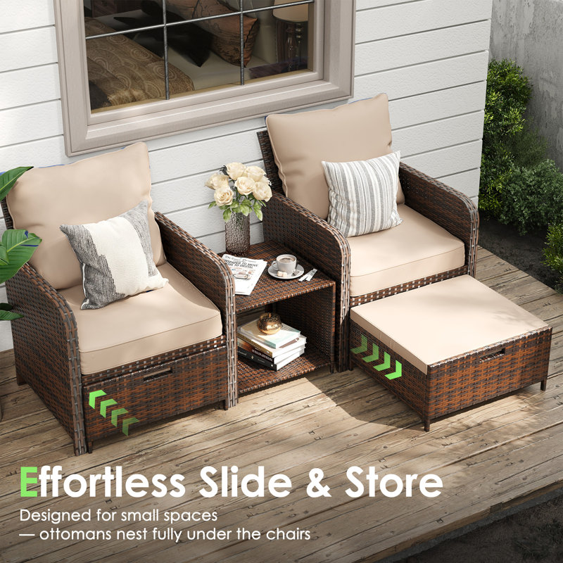 Idamarie Wicker Conversation Set with Ottoman, Khaki, Brown