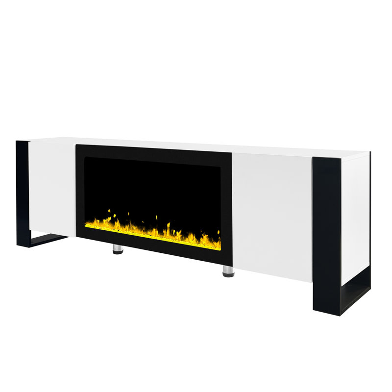 Meuble télé avec foyer électronique 34,2 po, aspect blanc, style minimaliste, 2 espaces de rangement